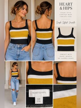 Women’s Colorblock Cropped Tank Top - Black, White & Mustard